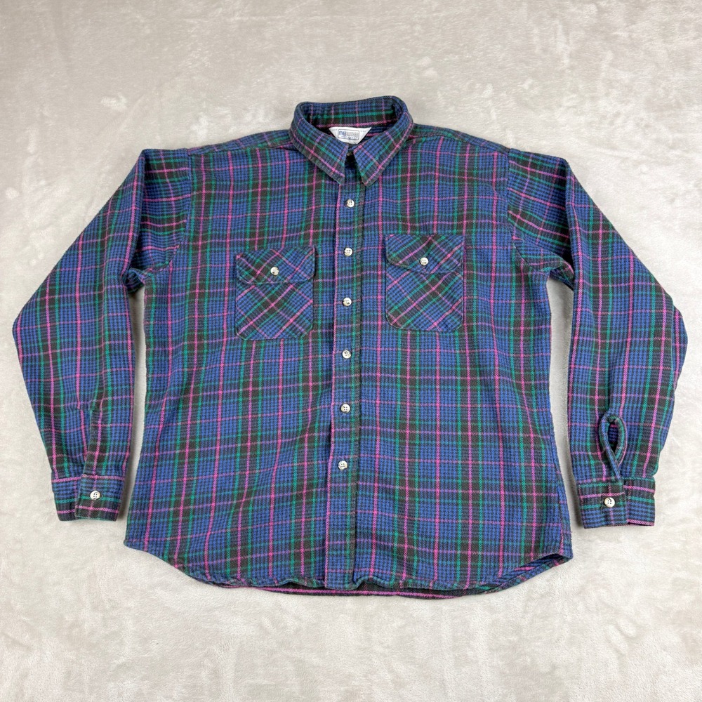 VTG Five Brother Flannel Shirt Mens Fit Large Heavy Plaid Button Up USA 80s-90s